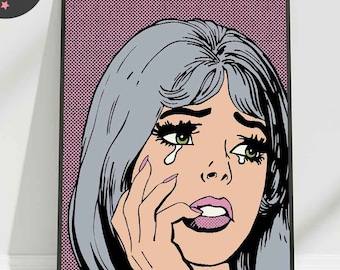 Pop Art Comic Girl, Crying Girl Pop Art, Sad Girl Print, Retro Comic Style, 1960s Pop Art, Vintage Comic Poster, Grey Hair, Digital Download
