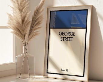 Personalised Street Print, Monopoly Inspired Print, Housewarming Gift, Custom Property Poster, Trendy New Home Gift, Dark Blue- Digital File