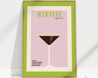 Print espresso martinicocktail - groen, barwagen, martiniposter, retro cocktail, vintage cocktailposter, alcoholposter, trendy muurkunst