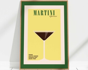 Print espresso martini cocktail - geel, barwagen, martiniposter, retro cocktail, vintage cocktailposter, alcoholposter, trendy muurkunst
