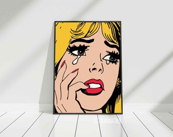 Pop Art Comic Girl, Crying Girl Pop Art, Sad Girl Print, Retro Comic Style, 1960s Pop Art, Vintage Comic Poster, Blonde Hair, Pop Art Print