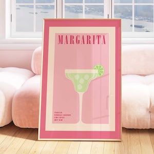 Margarita Cocktail Print - Pink, Bar Warenkorb Art, Retro Cocktail Druck, Vintage Cocktail Poster, Alkohol Poster, trendige Wandkunst, Spirituosen Poster