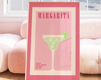 Margarita Cocktail Print - Pink, Bar Cart Art, Retro Cocktail Print, Vintage Cocktail Poster, Alcohol Poster, Trendy Wall Art, Liquor Poster