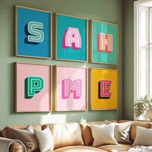 Impressão de letras personalizadas, impressão de alfabeto, impressão inicial personalizada, arte de parede com letras coloridas, pôster de letras personalizadas, nome inicial, berçário infantil