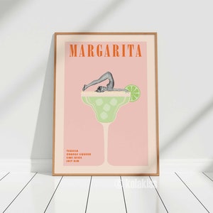 Margarita Cocktail Print, Bar Warenkorb Kunst, Retro Cocktail Print, Vintage Cocktail Poster, Alkohol Poster, trendige Wandkunst, Spirituosen Poster