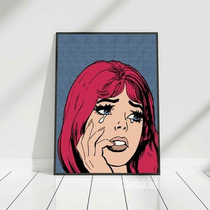 Pop Art Comic Girl, Crying Girl Pop Art, Sad Girl Print, Red Hair, Retro Comic Style, 1960s Pop Art, Vintage Comic Poster, Pop Art Print