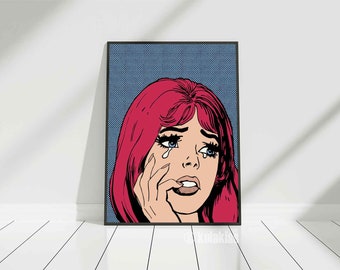Pop Art Comic Girl, Crying Girl Pop Art, Sad Girl Print, Red Hair, Retro Comic Style, 1960s Pop Art, Vintage Comic Poster, Pop Art Print