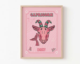 Personalised Capricorn Zodiac, Star Sign Print, Astrology Poster, Trendy Wall Art, Retro Pink Art, Custom Horoscope Gift, Digital Download