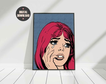 Pop Art Comic Girl, Crying Girl Pop Art, Sad Girl Print, Retro Comic Style, 1960s Pop Art, Vintage Comic Poster, Digital Download