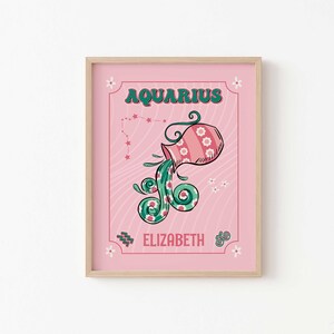 Personalised Aquarius Zodiac Star Sign Print, Astrology Poster, Trendy Wall Art, Illustration, Retro Style, Pink Art, Custom Horoscope Gift