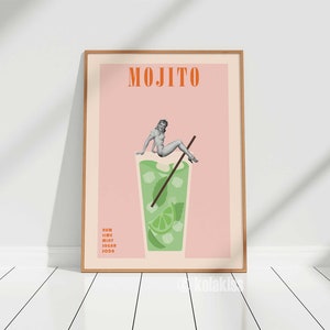 Mojito Cocktail Kunstdruck, Bar Cart Art, Retro Cocktail Druck, Vintage Cocktail Poster, Alkohol Poster, Bar Kunst, Spirituosen Poster