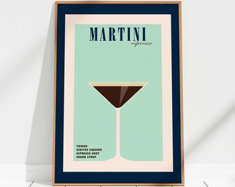 Print espresso martinicocktail - blauw, barwagen, martiniposter, retro cocktail, vintage cocktailposter, alcoholposter, trendy muurkunst