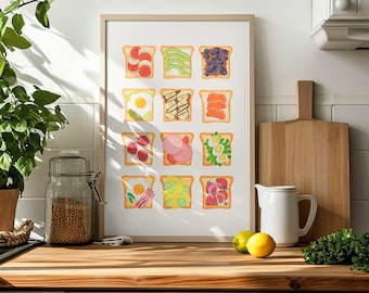 Impresión de tostadas, póster de tostadas para el desayuno, arte de cocina, regalo para amantes de la comida, amante de las tostadas, aguacate sobre tostadas, linda decoración de cocina, arte con pan, impresiones de moda