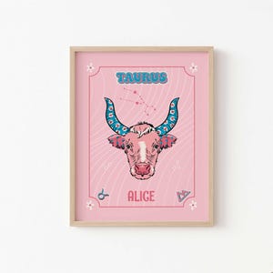 Personalised Taurus Zodiac, Star Sign Print, Astrology Poster, Trendy Wall Art, Retro Pink Art, Custom Horoscope Gift, Digital Download