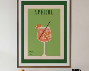 Aperol Spritz Cocktail Print - Green, Bar Cart Art, Retro Cocktail, Vintage Cocktail Poster, Alcohol Poster, Aperol Print, Trendy Wall Art