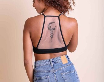 Crescent Moon Tattoo Mesh Racerback Bralette - Black - XS-L