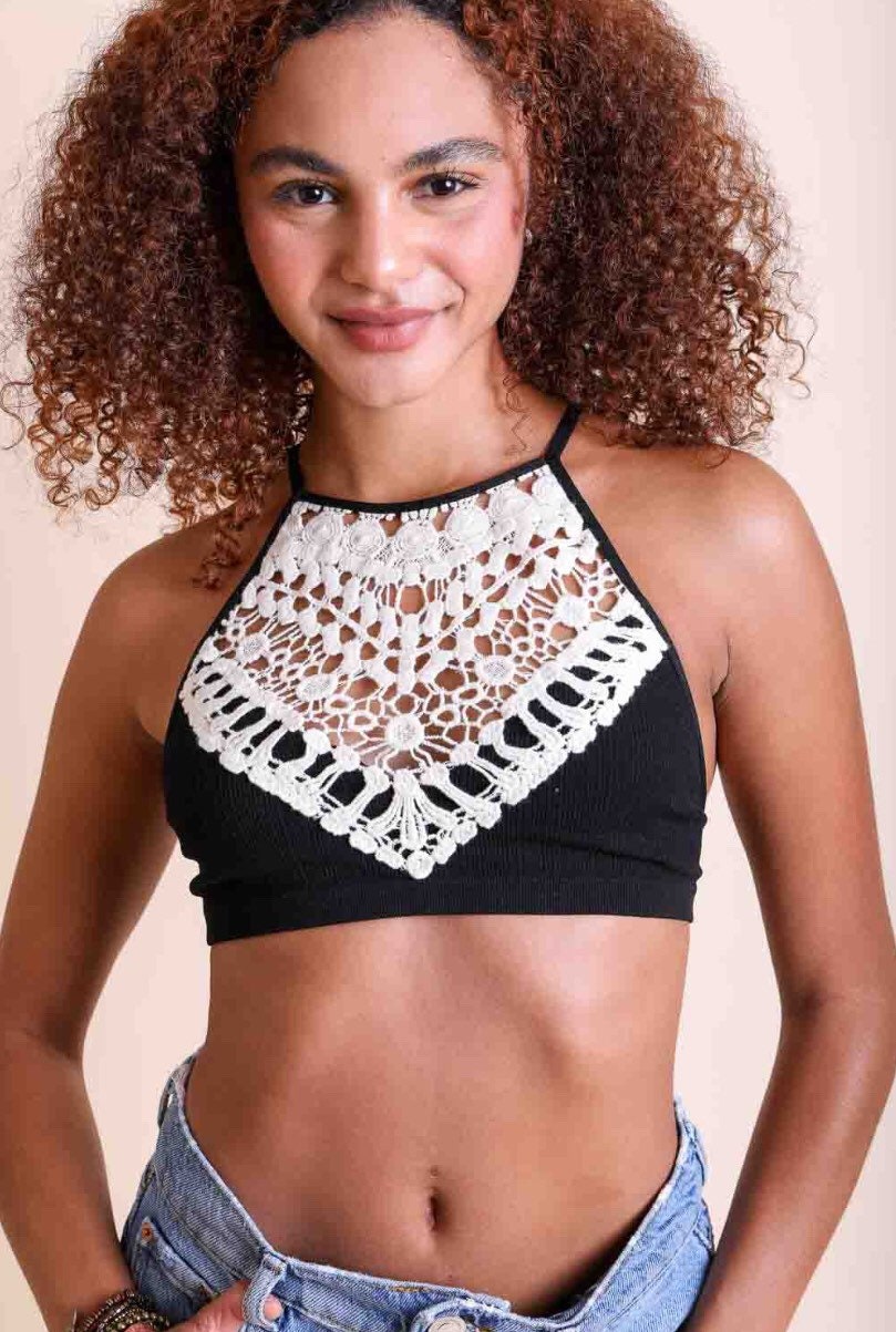 Boho Eye Lace Applique Bralette for Women | Comfortable Summer Swimsuit  Sports Padded Bra Bikini | Women's Casual Tops (Black, Medium)