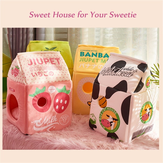 Foldable Cute Pet Cat Bed House Strawberry Banana Milk Box Cat Etsy