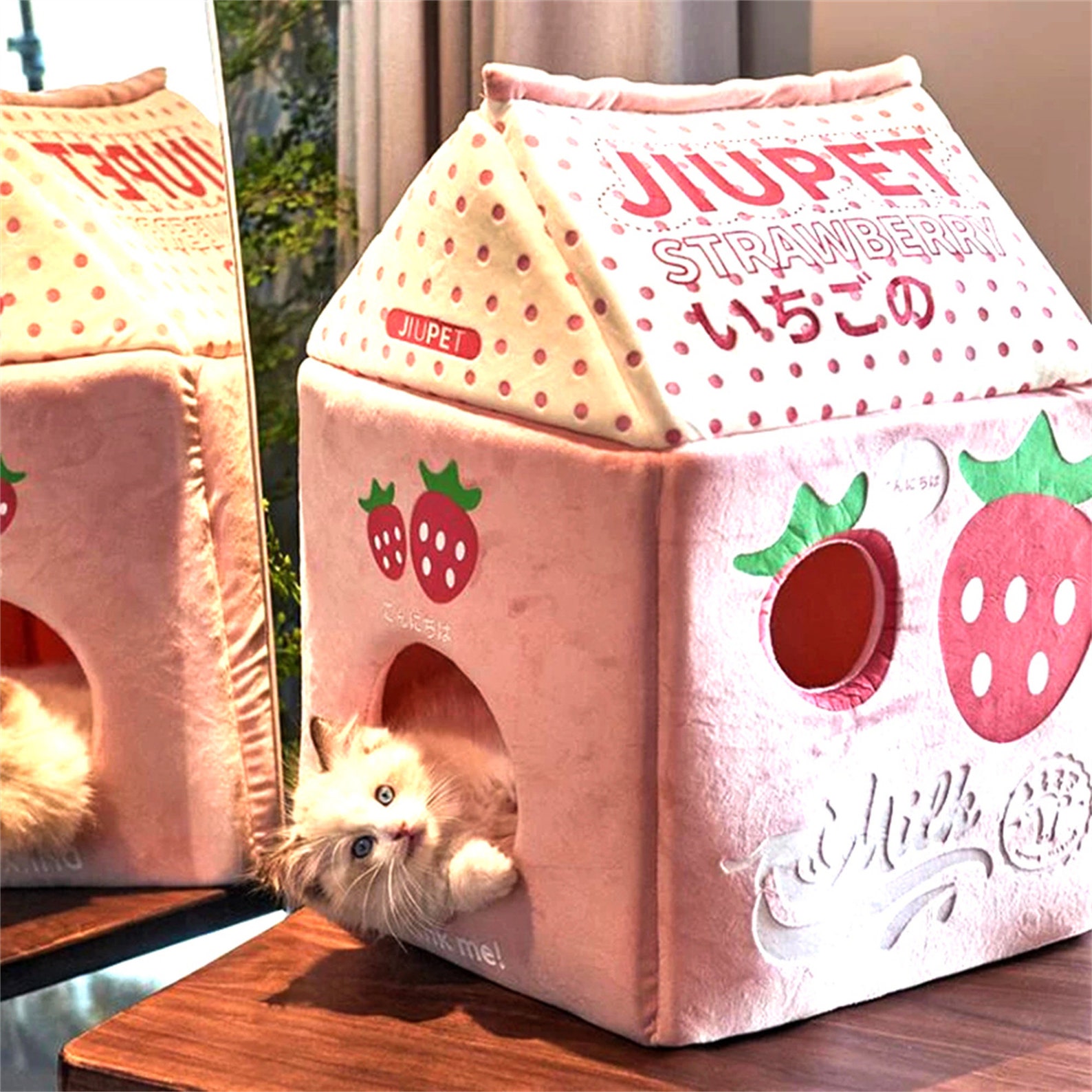 Foldable Cute Pet Cat Bed House Strawberry Banana Milk Box Cat Etsy