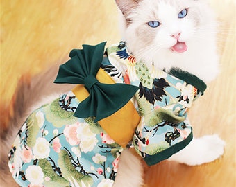 Pet Dog Cat Japanese Kimono Cosplay Coat Crane Cherry Blossom Pattern Pet Coat Girl Dog Dresses Chihuahua Pet Clothes