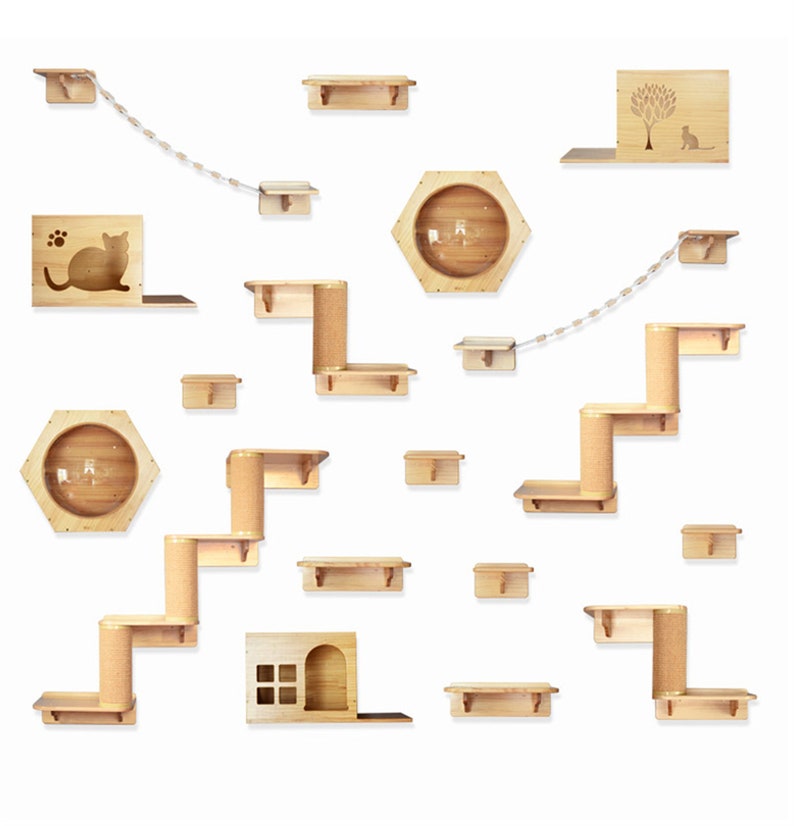 Wall Mounted Cat Climbing Frame Tree Solid Wood Hexagon Space Etsy