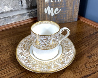 Vintage Wedgwood Bone China Set of Bond Shape Demitasse Cup and Saucer in Gold Florentine Pattern W4219 with Dragons