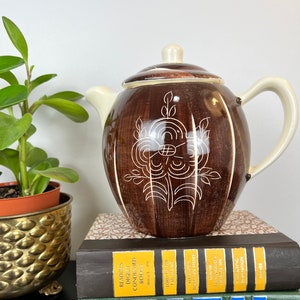 Vintage Purington Pottery Intaglio Brown floral Coffee Pot Teapot