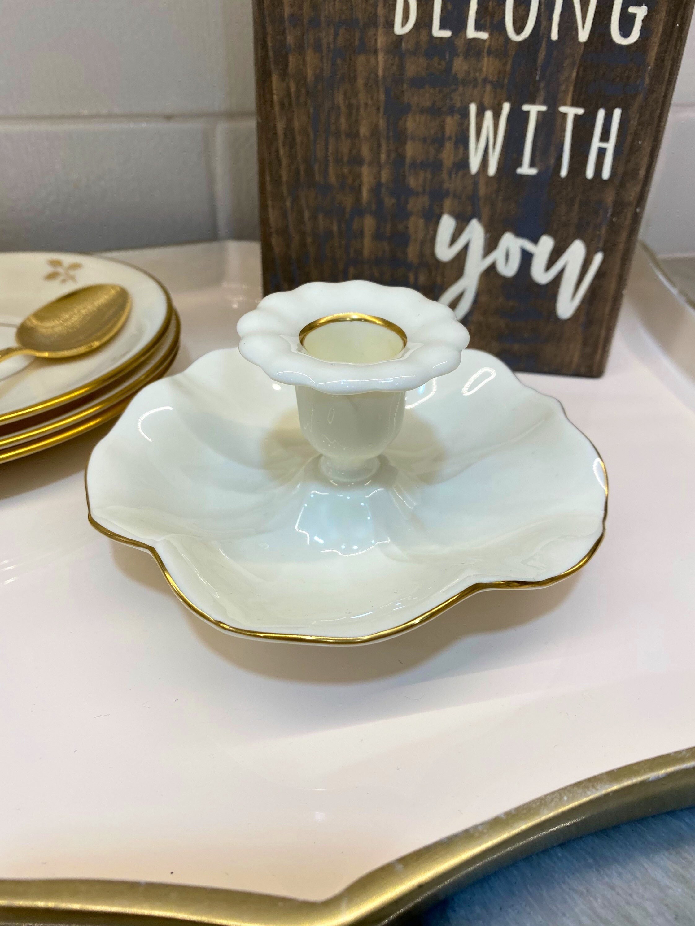 Vintage Mikasa Bone China Lotus White and Gold Rim Candlestick Candleholder