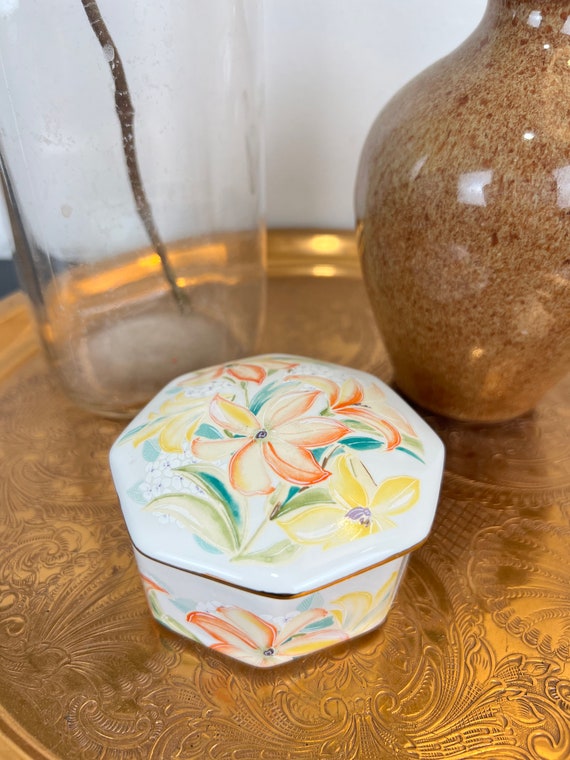 Vintage Jewelry Dish Trinket Jar, Floral Design K… - image 3