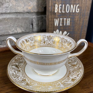 Vintage Wedgwood Bone China Set of Cream Soup Bowl and Saucer in Gold Florentine Pattern W4219 with Dragons