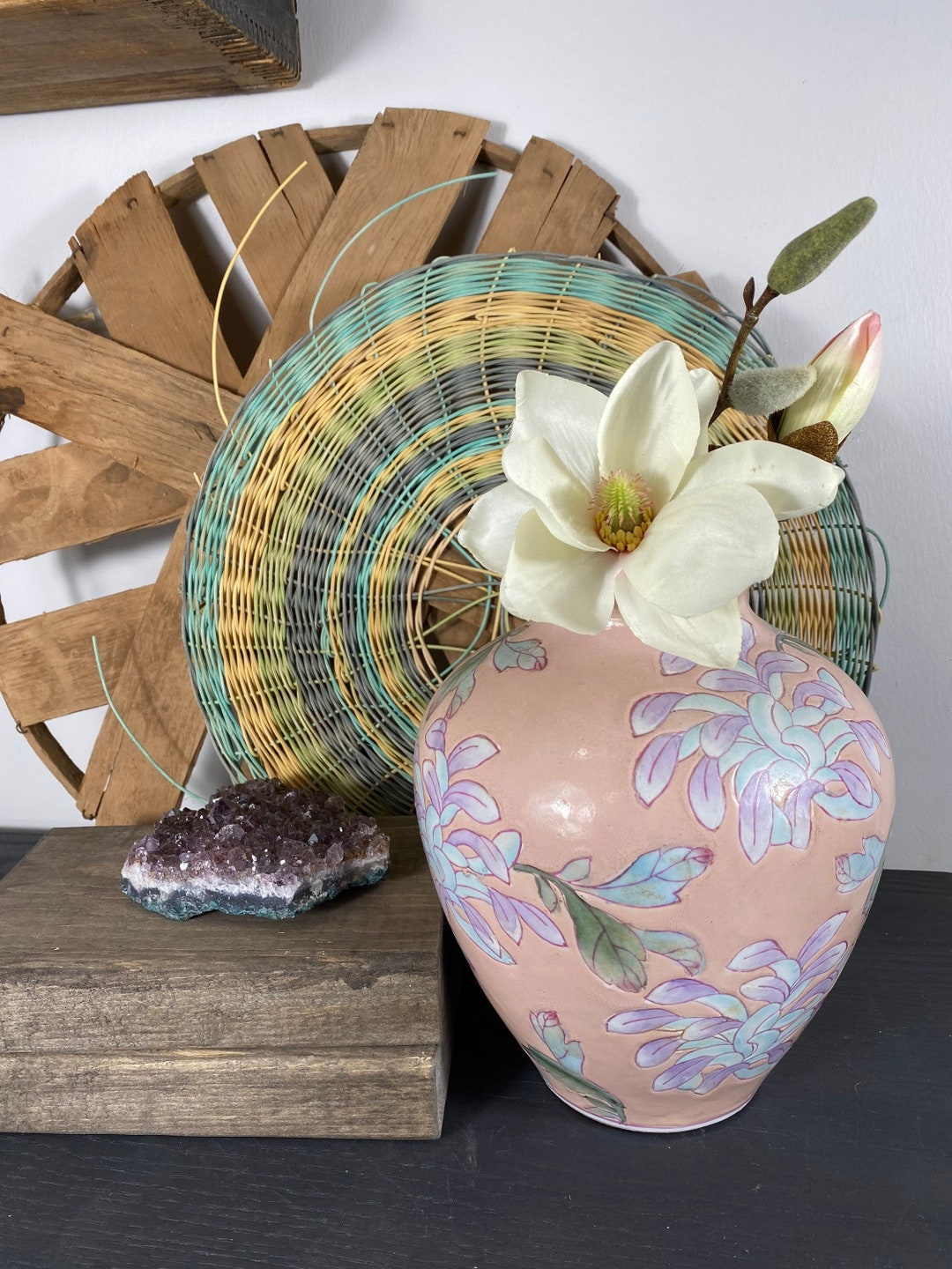 Vintage Ethan Allen Vase, Pastel Pink Floral Porcelain Flower Vase Etsy