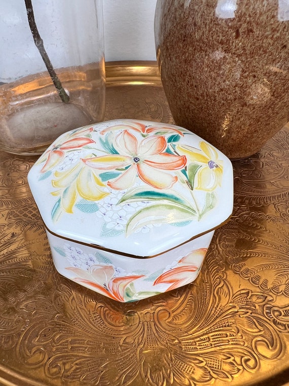 Vintage Jewelry Dish Trinket Jar, Floral Design K… - image 2