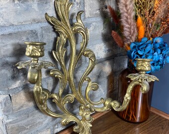 Vintage decorative Victorian style wall mount brass gold double candleholder