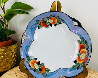 Vintage Noritake Lusterware Bowl Candy Dish, diseño de frutas y flores, azul vinca