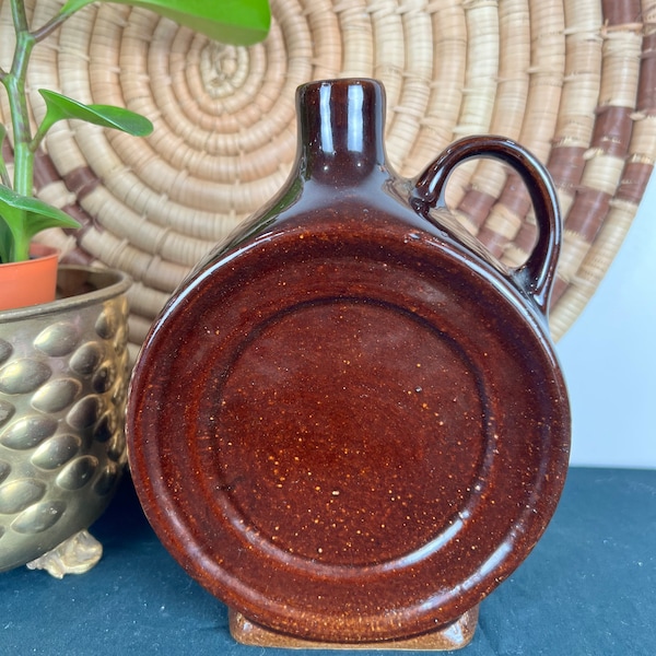 Antique brown pottery canteen circle jug or vase