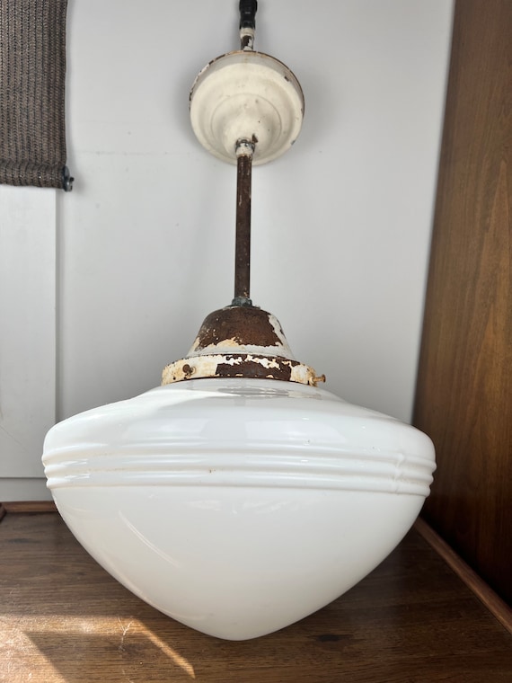 Antique Large Rustic Farmhouse Style Schoolhouse Pendant Light
