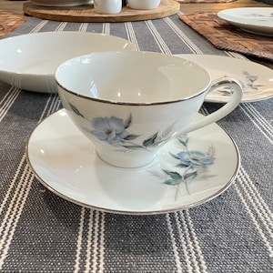 Vintage Noritake China Sylvia Cup and Saucer Set, white with blue flower