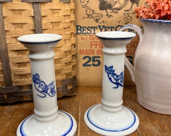 Viana Do Castelo Portugal Blue & White Bird Candlestick Holders set of 2