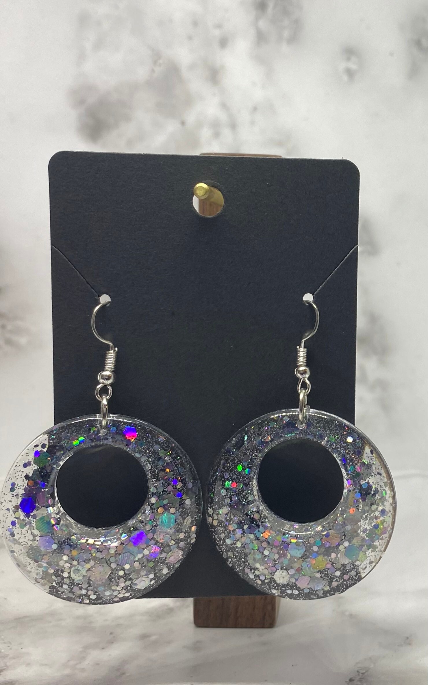 Round dangle silver and black glitter earrings Etsy