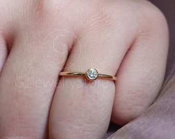 Single Diamond Ring, Bezel Set Ring, Stackable Ring, Solid 14K Yellow Gold Ring, Dainty Ring, Delicate Ring, Delicate Ring, Gifts