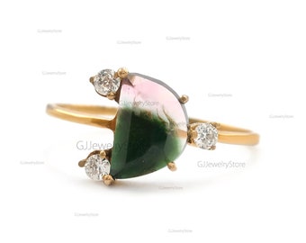 Bi-color watermelon tourmaline ring, Pink and green ring, Modern bride ring, Promise ring, Art deco ring, Half round tourmaline ring