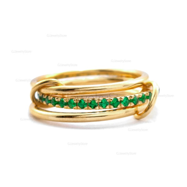 18K Gold Multi Link Connected Ring, Trio Band Rings Set, Spinelli Kilcollin, Interlocking Ring, Trinity Link Ring, Emerald Eternity Ring