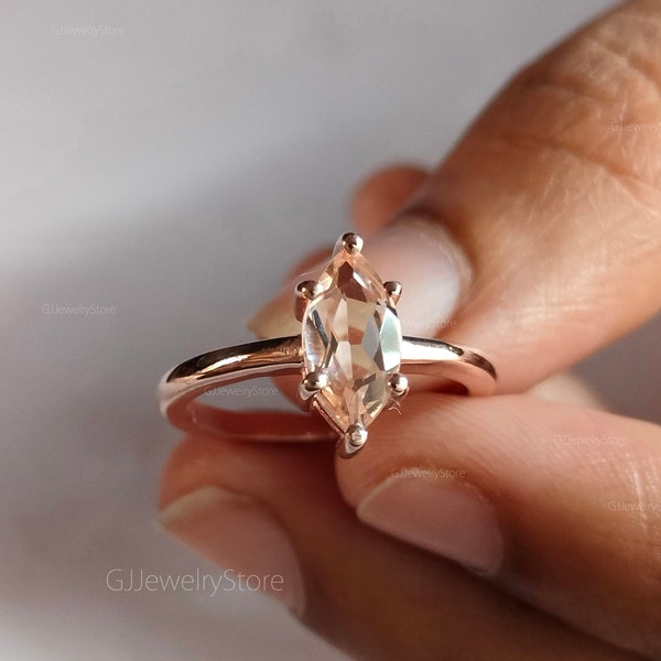 Vintage marquise morganite engagement ring, rose gold 14k wedding ring, solitaire art deco ring, unique anniversary promise ring