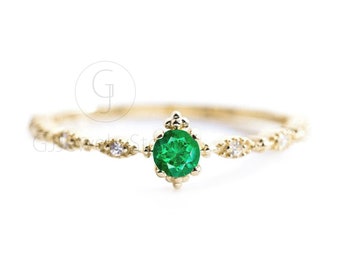 Genuine Emerald Gemstone Ring, Diamond Evil Eye Half Eternity Band Ring, 14K Solid Gold Ring, Statement Ring, Engagement Ring