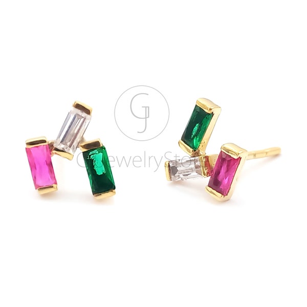 Natural Baguette Diamond, Emerald & Ruby Gemstone Stud Earrings, Three Stone Studs, 14K Solid Gold Earrings, Minimalist Earrings