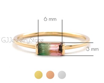 3 x 6 MM Baguette Watermelon Tourmaline Ring • Solid Gold Band • Cocktail Gemstone Ring • Bio Tourmaline Ring • Gift For Her