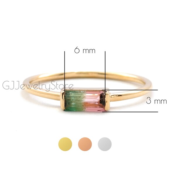 3 x 6 MM Baguette Watermelon Tourmaline Ring • Solid Gold Band • Cocktail Gemstone Ring • Bio Tourmaline Ring • Gift For Her