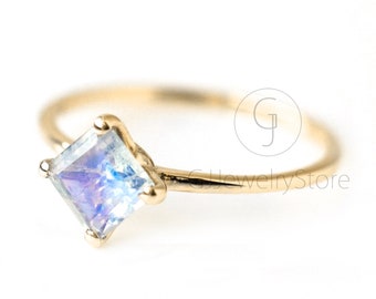 Princess Cut 0.58 Ct. Rainbow Moonstone Ring/ 14K Solid Gold Solitaire Ring/ Wedding Ring/ Engagement Ring/ Statement Ring