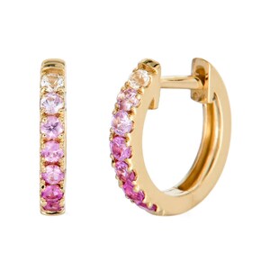 Natural Pink Ombre Hoop Earrings, Solid 18K Gold Medium Hoop Earrings, Gradient Pink Sapphire Hoops, Every Day Earrings, Fine Jewelry