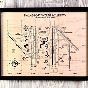 Perfect pilot gift for your aviation enthusiast.  This is the 12x16 sized framed airport diagram of DFW airport which shows all the intricacies of one of the busiest airports in the United States!